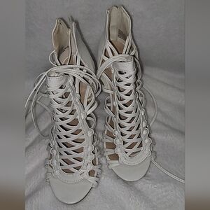 White lace-up sandal heels
